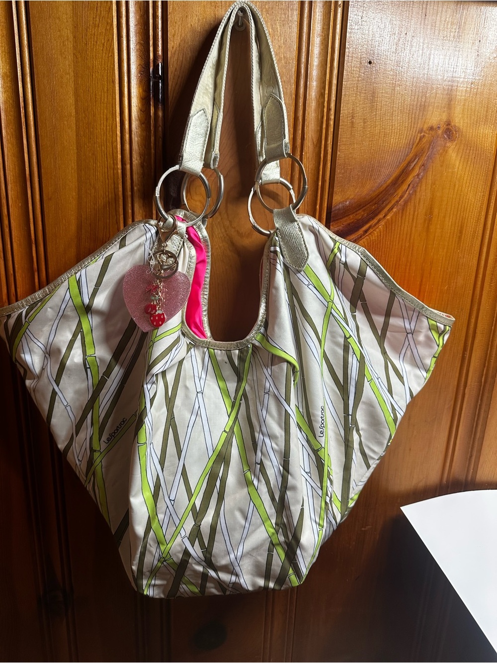LeSportsac Beige Tote with Lime & Gray Stripe Pattern